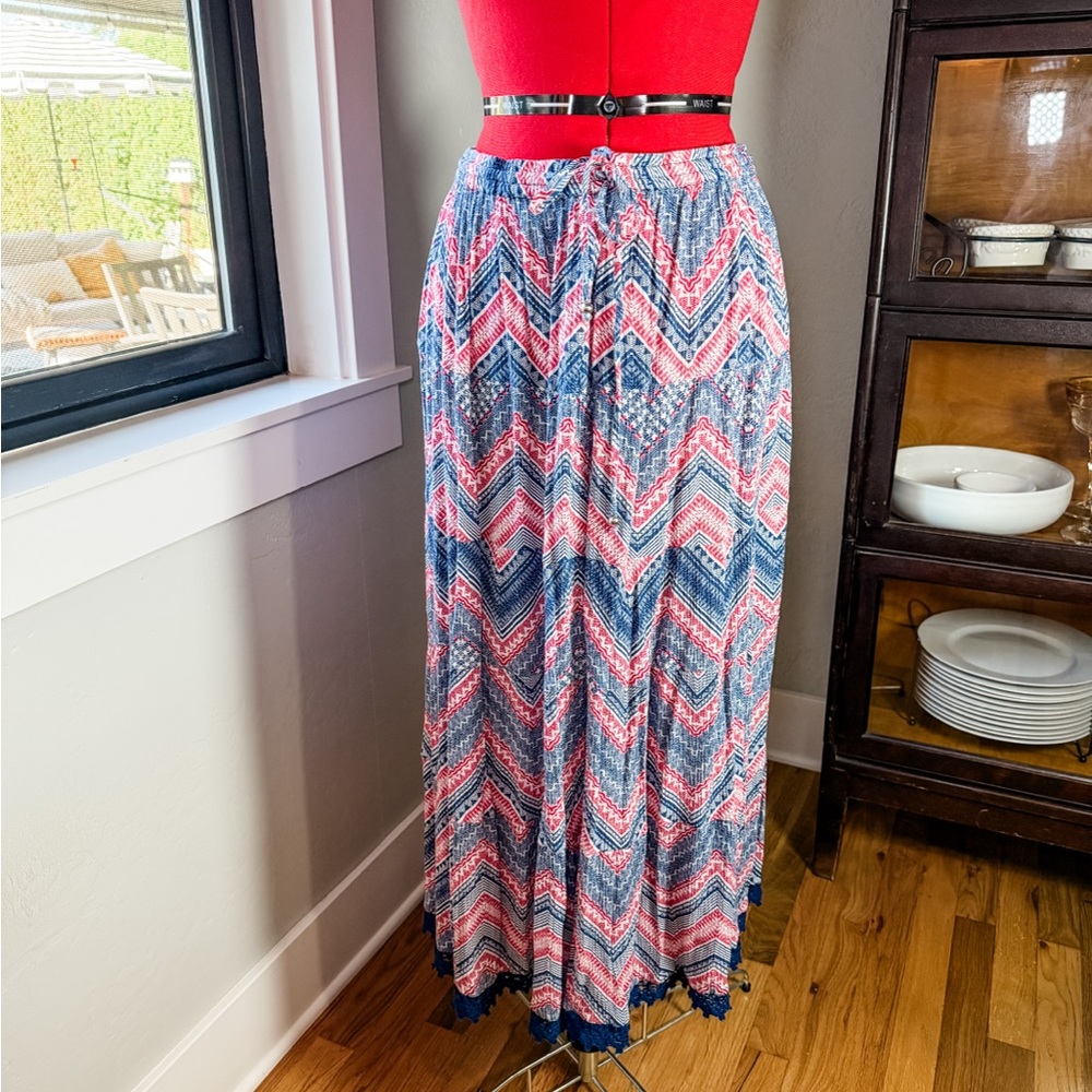 Collective Concepts Chevron Maxi Skirt Red White Blue Boho Rayon Plus Size 2X